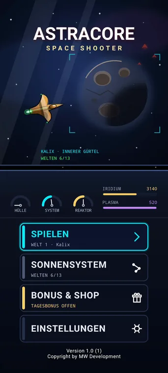 Astracore: Startbildschirm
